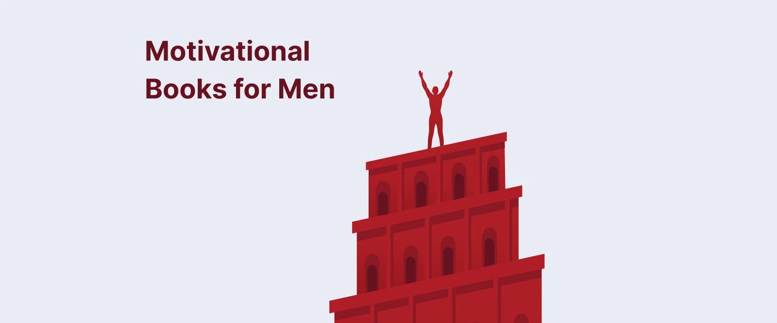 Red illustrated tower with a triumphant figure on top, light blue background, representing motivational books for men