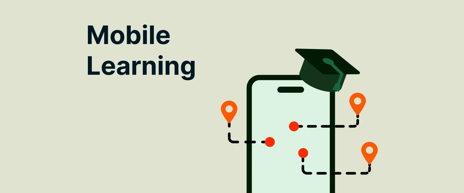 An iphone with graduation hat and dashed lines behind with the location marks at the ends representing mobile learning