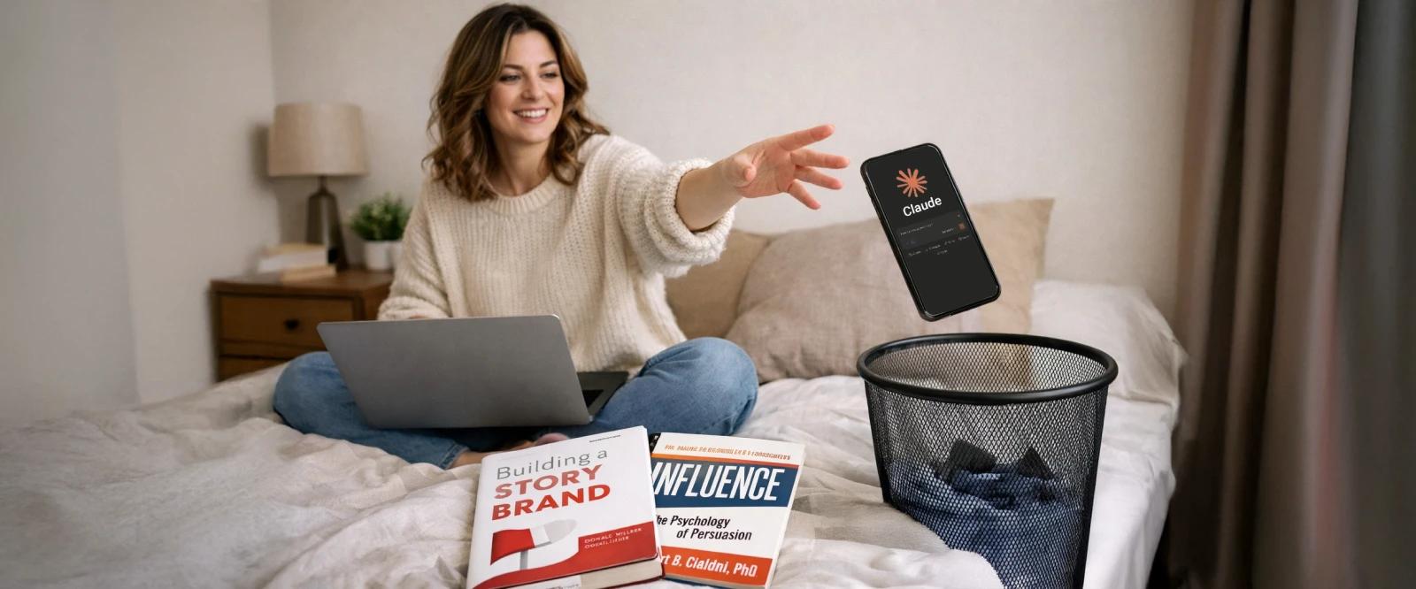 Woman with laptop on bed gesturing toward Blinkist phone, books for copywriters Building a StoryBrand and Influence visible in beige bedroom
