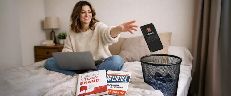 Woman with laptop on bed gesturing toward Blinkist phone, books for copywriters Building a StoryBrand and Influence visible in beige bedroom