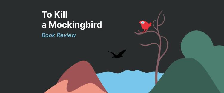 The Symbolism in To Kill a Mockingbird banner with red mockingbird on branch, coral hills, blue water, and green landscape on dark background