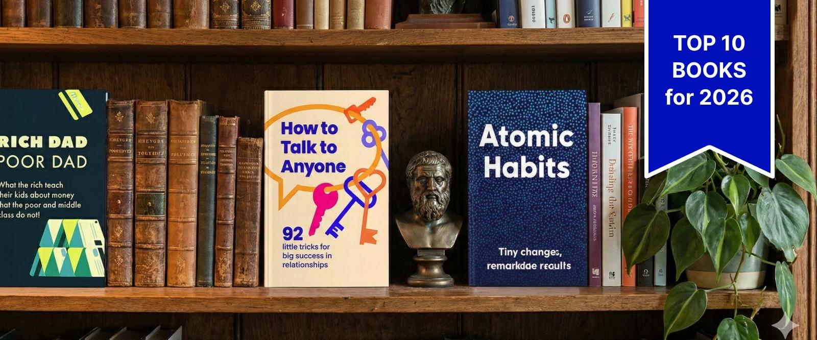 A bookshelf with 10 Best Books of 2025 to Start 2026 Strong including atomic habits, how to talk to anyone and rich dad, poor dad