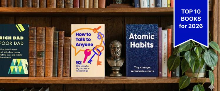 A bookshelf with 10 Best Books of 2025 to Start 2026 Strong including atomic habits, how to talk to anyone and rich dad, poor dad