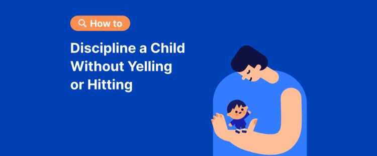 Parent gently holding child on blue background illustrating how to discipline a child without yelling or hitting through positive discipline