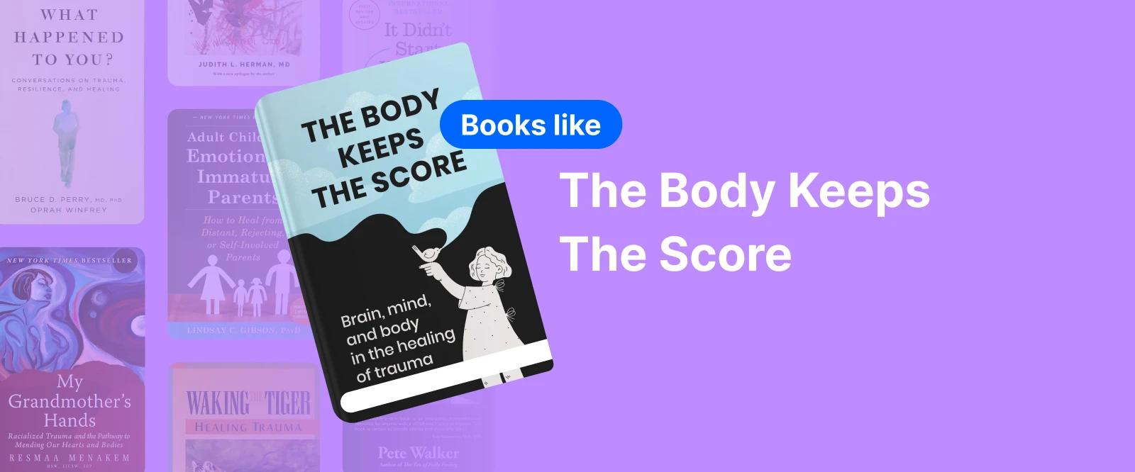 Book cover of "The Body Keeps The Score" by Bessel Van Der Kolk, featuring an illustration of a person with a cloud-like shape over their head, representing the mind-body connection in trauma healing 1x