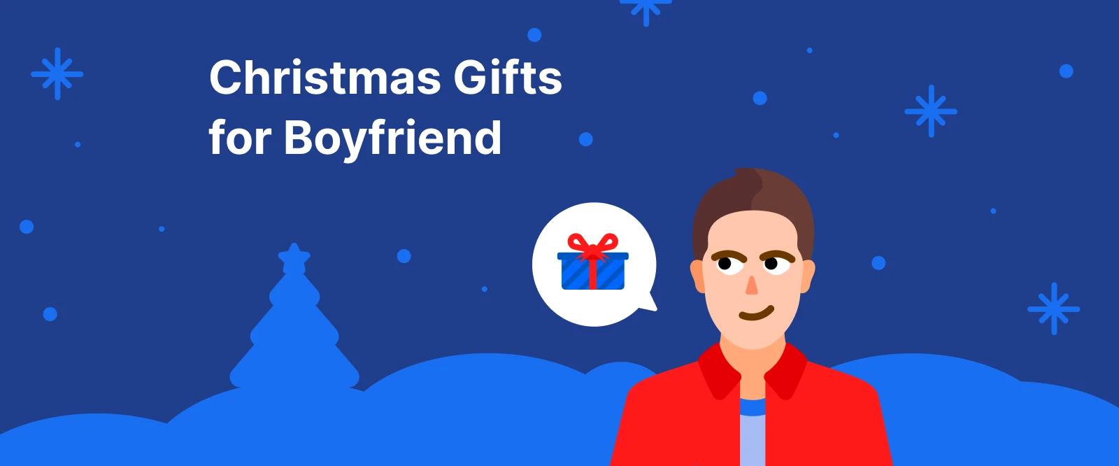 Man in red jacket smiling, Christmas gifts for boyfriend against blue snowy background with pine trees