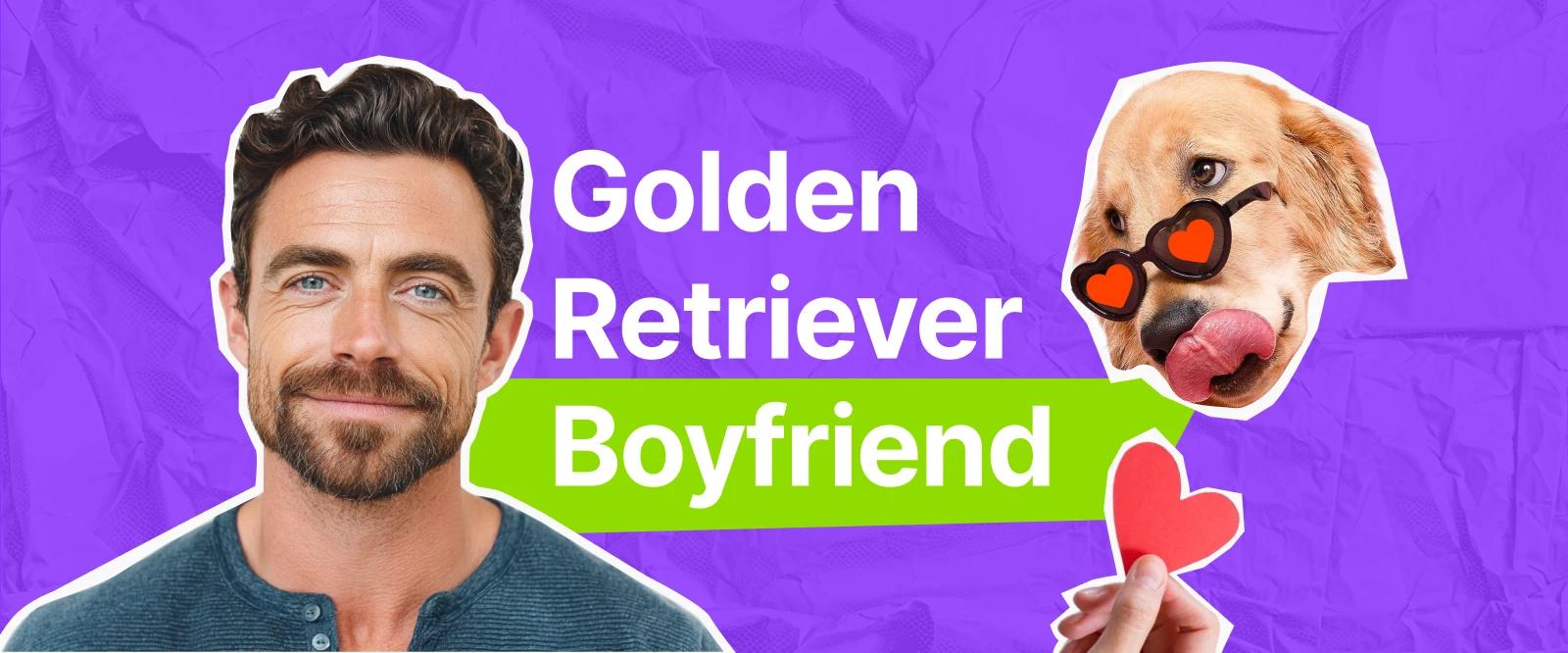 Golden
Retriever Boyfriend - Smiling man next to a golden retriever dog wearing heart-shaped sunglasses