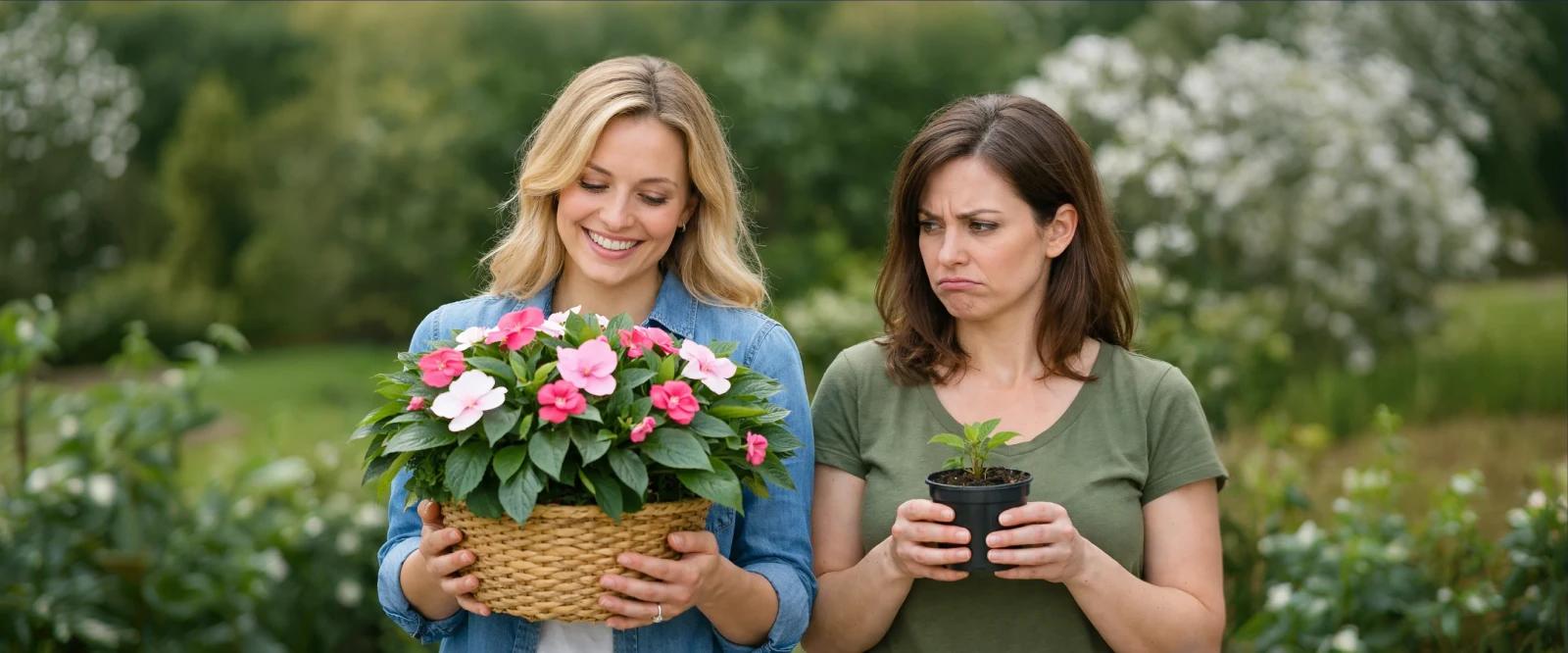 Two women illustrating comparing yourself to others - one smiling with basket of blooming flowers, one disappointed with seedling in garden setting