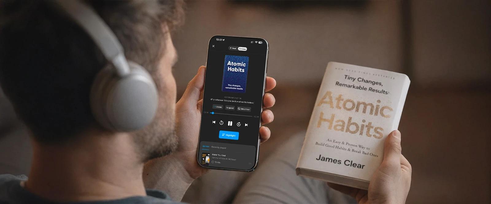 James Clear's birthday celebration graphic featuring his portrait in a lavender circle with pink birthday cake, yellow Happy Birthday text on dark blue background with purple balloons