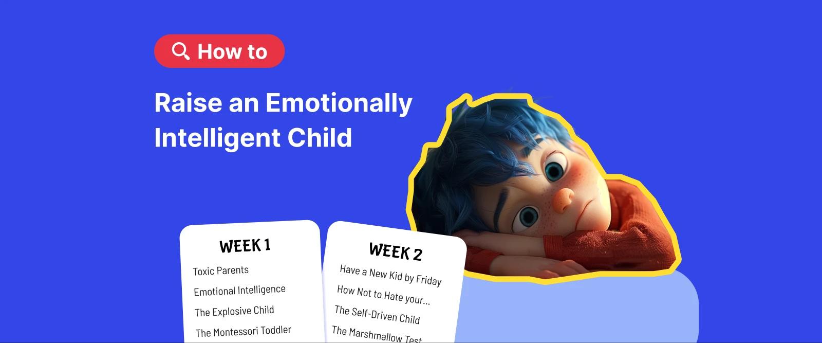 Photo of a young child lying on a bed beside parenting notes and illustrations, representing a guide to raise an emotionally intelligent child 1x