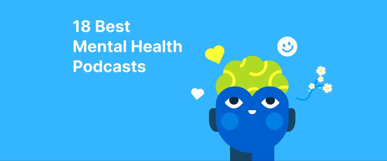 Illustration of a smiling blue character with green hair and hearts around it, representing Best Mental Health Podcasts for wellness
