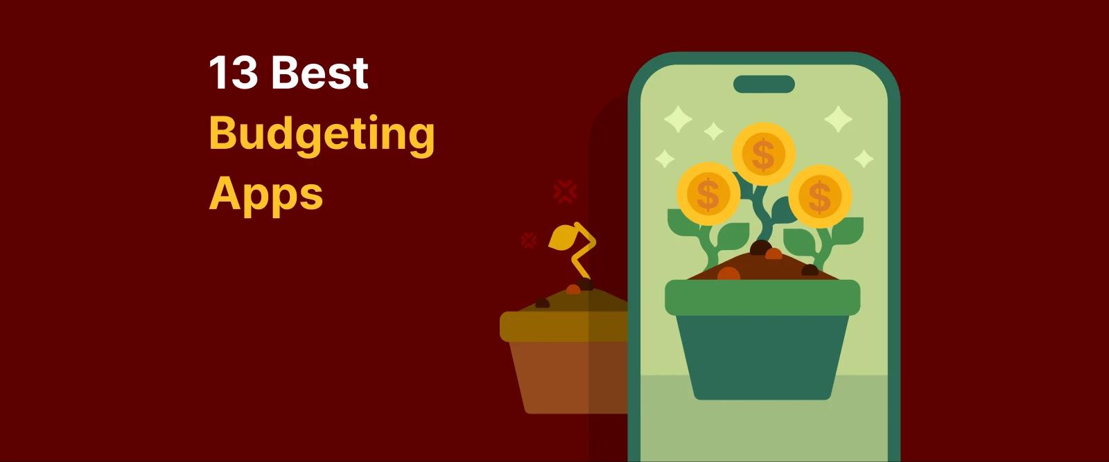 Illustration of a smartphone screen with potted plants growing coins, representing best budgeting apps