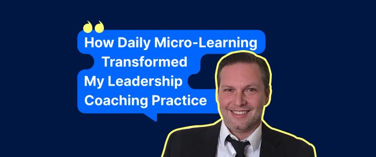 Deyvis Bebicaci presenting Headway app benefits on dark blue background with speech bubble about micro-learning transformation