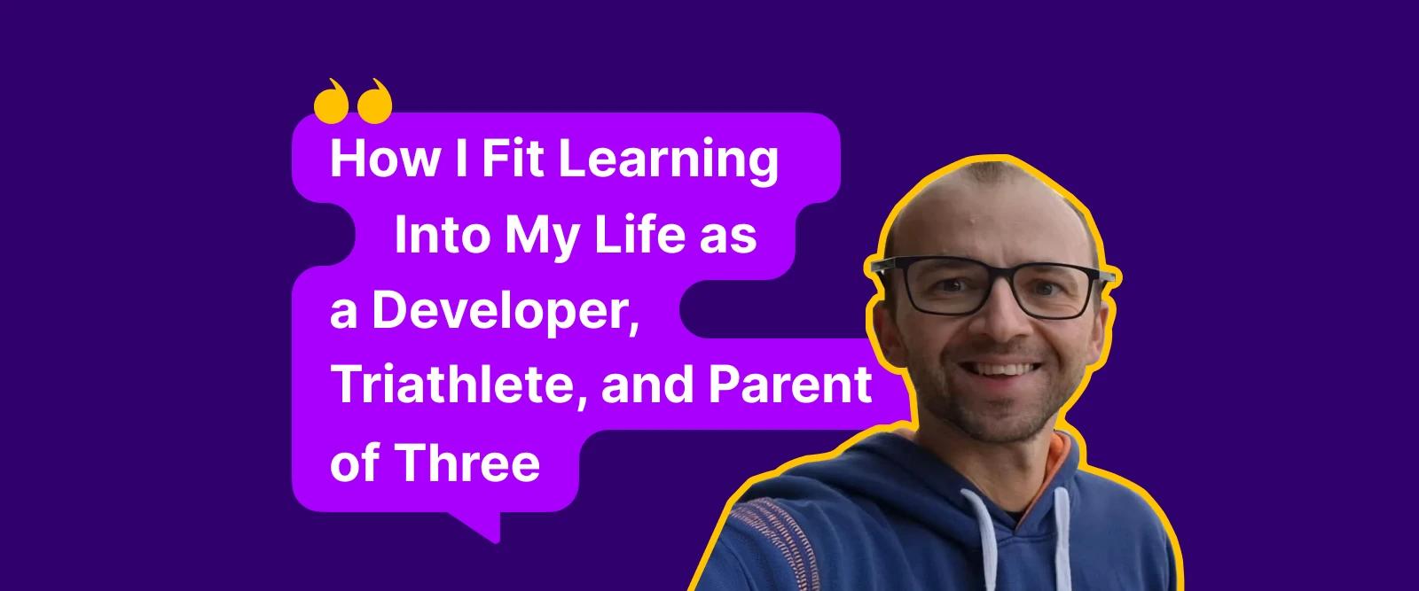 Smiling developer in blue hoodie on purple background sharing tips for balancing learning habits with parenting and work