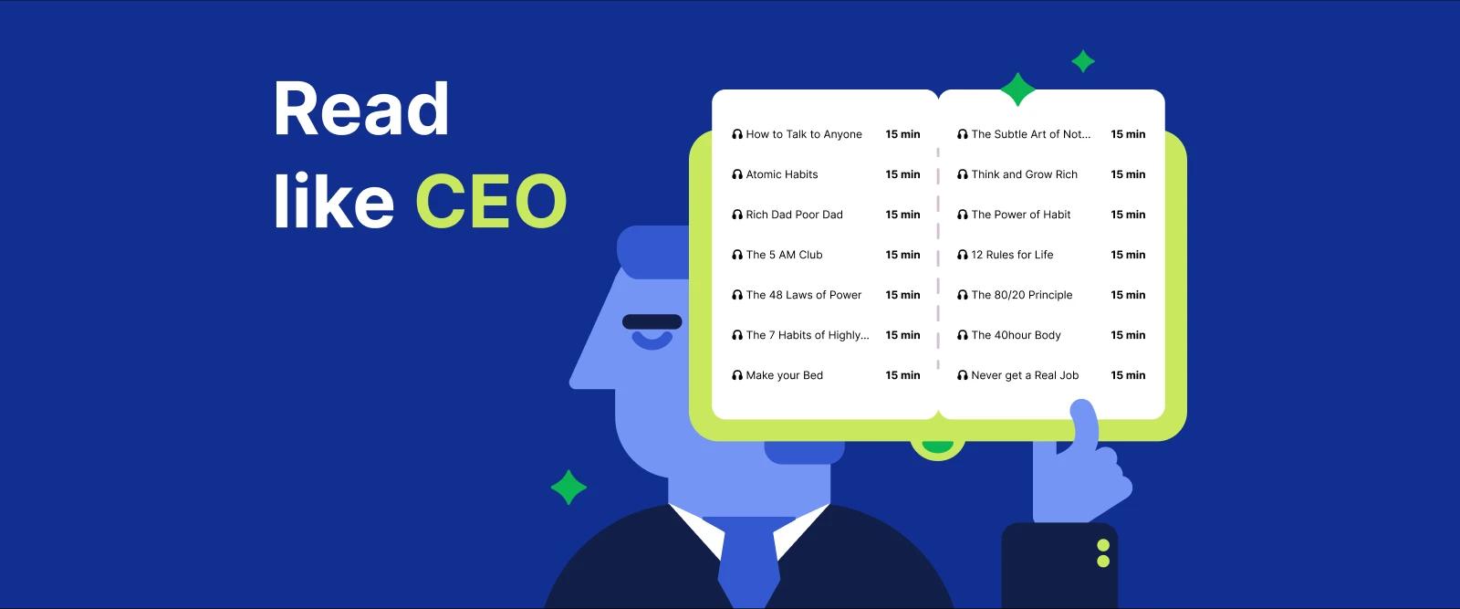 Read like CEO, Person in suit holding an open book displaying a list of audiobook titles