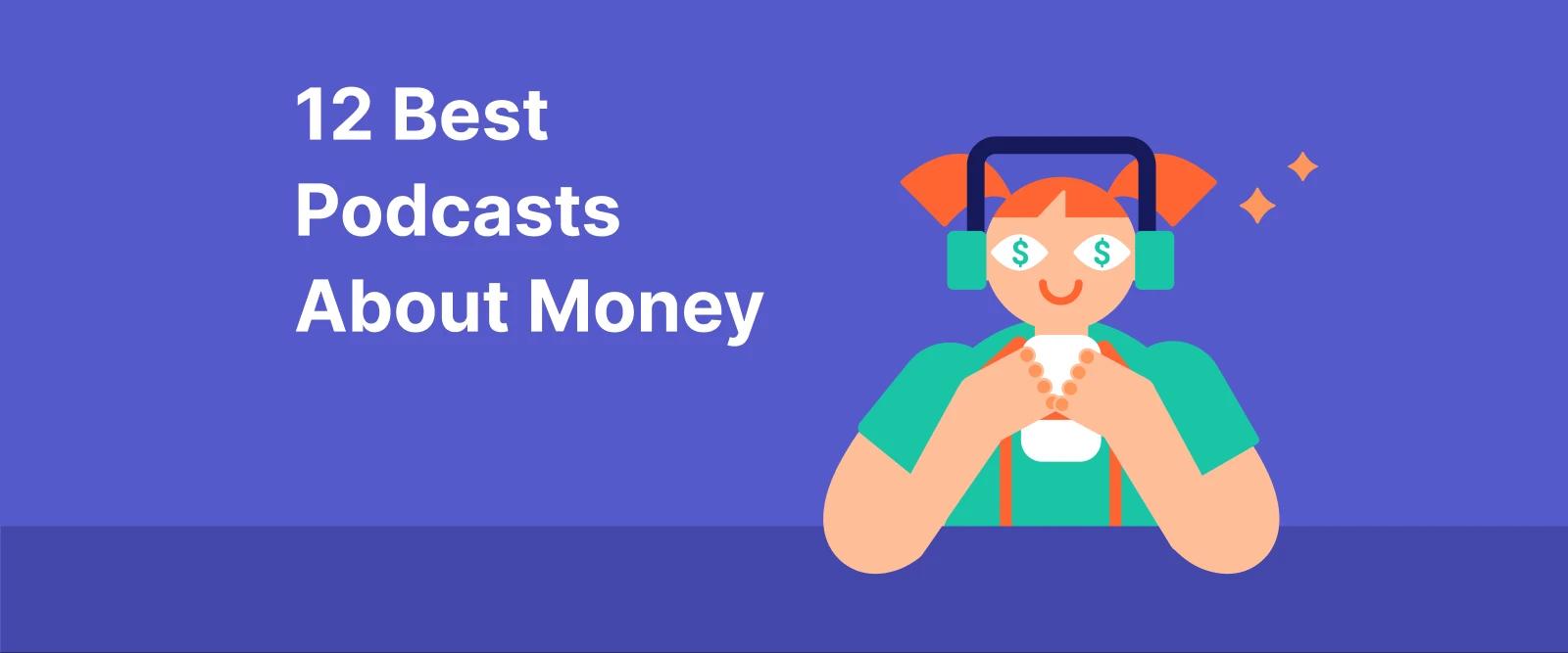 Illustration of a smiling character with headphones on a blue background, representing 12 Best Money Podcasts and personal finance shows