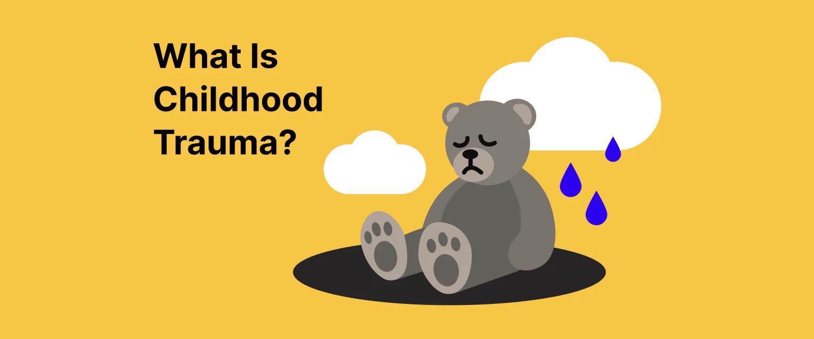 Sad teddy bear sitting under white clouds and blue raindrops on yellow background illustrating childhood trauma concept