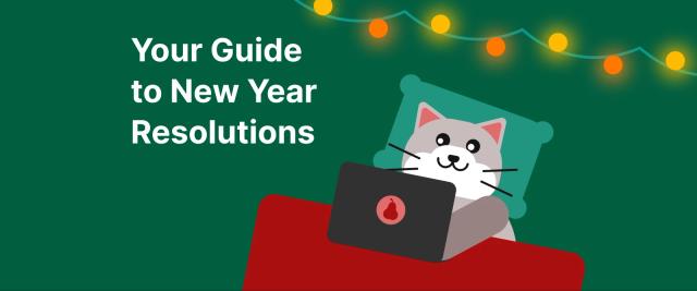 Illustrated cat using laptop on red cushion for new year's resolutions guide with colorful string lights on teal background