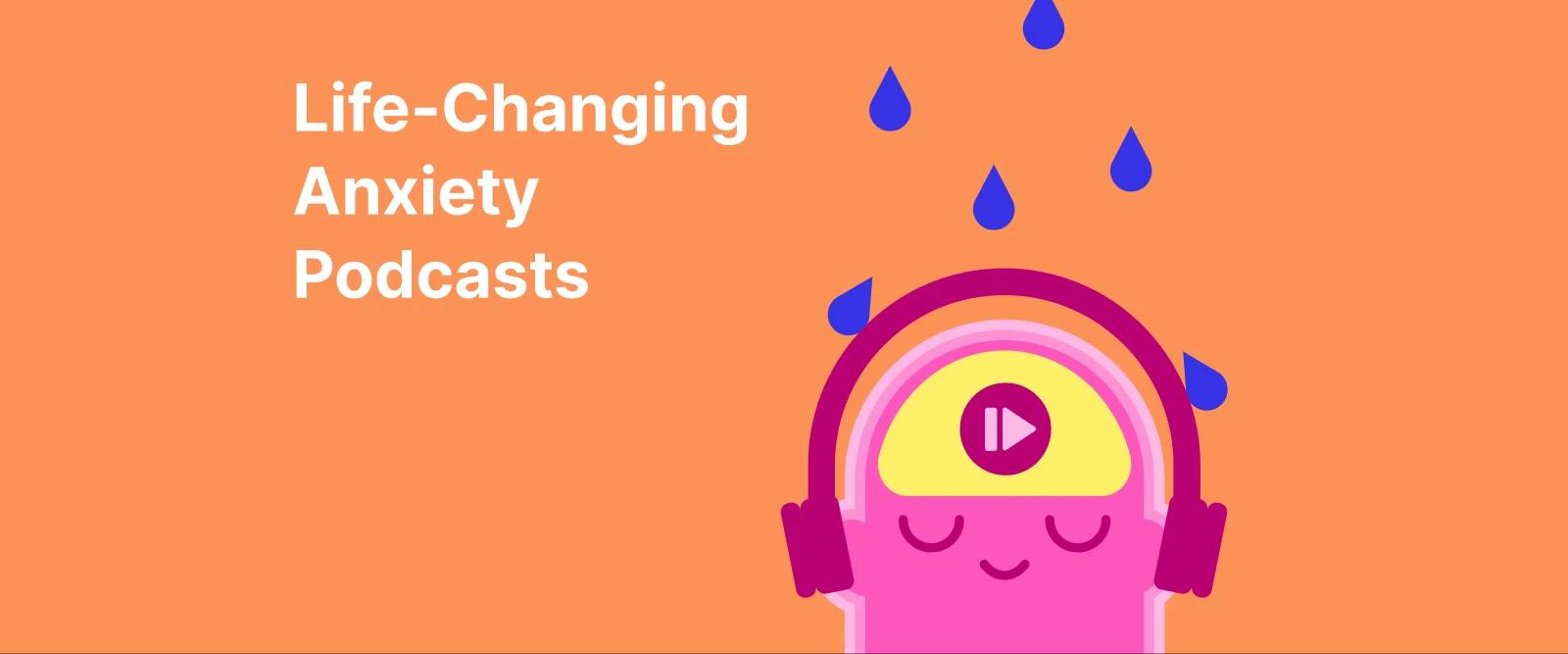 Illustration of a purple character wearing headphones with raindrops above its head, symbolizing Life-Changing Anxiety Podcasts and mental health