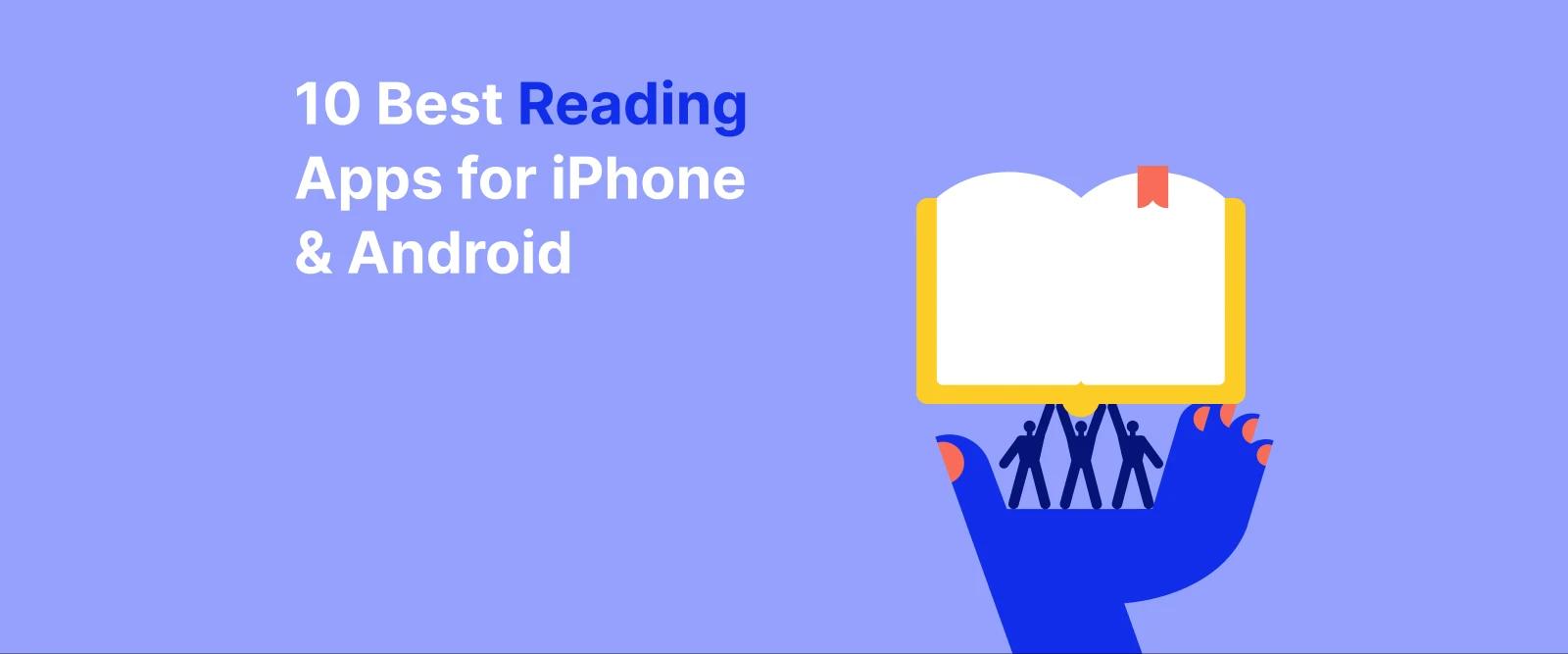 Open book illustration held by a blue hand on a purple background with decorative lines, promoting Best Reading Apps for iPhone and Android