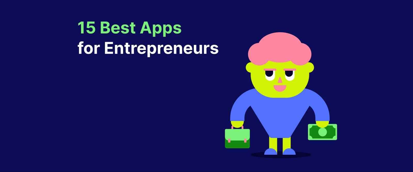 A cartoon figure carrying a suitcase and dollar bancnote, illustrating productivity apps for entrepreneurs