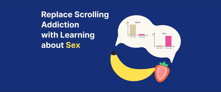 Replace scrolling addiction with learning about sex Person in suit holding an open book displaying a list of audiobook titles
