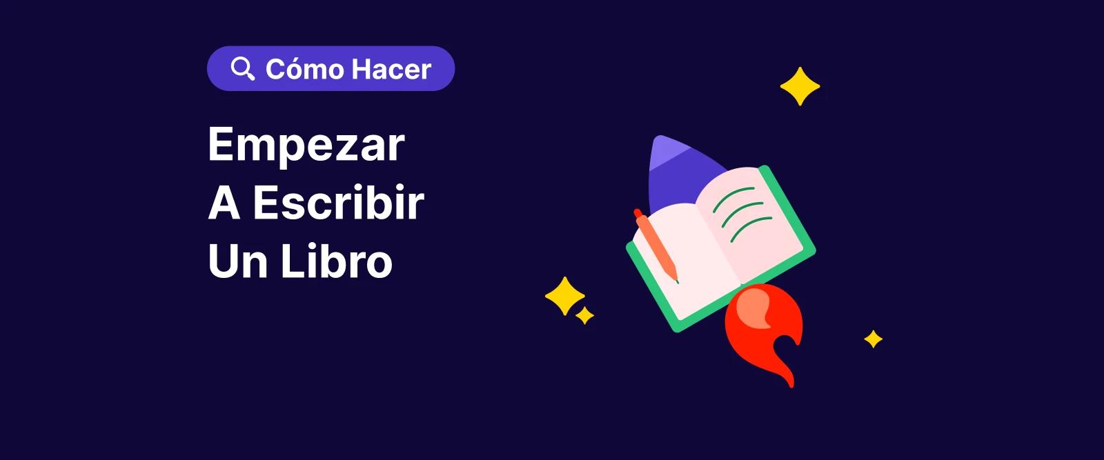 Banner empezar a escribir un libro con libro abierto y estrellas sobre fondo oscuro