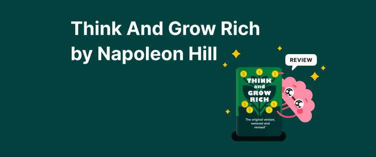 Think And Grow Rich by Napoleon Hill book cover with pink brain character and review label on dark teal grid background