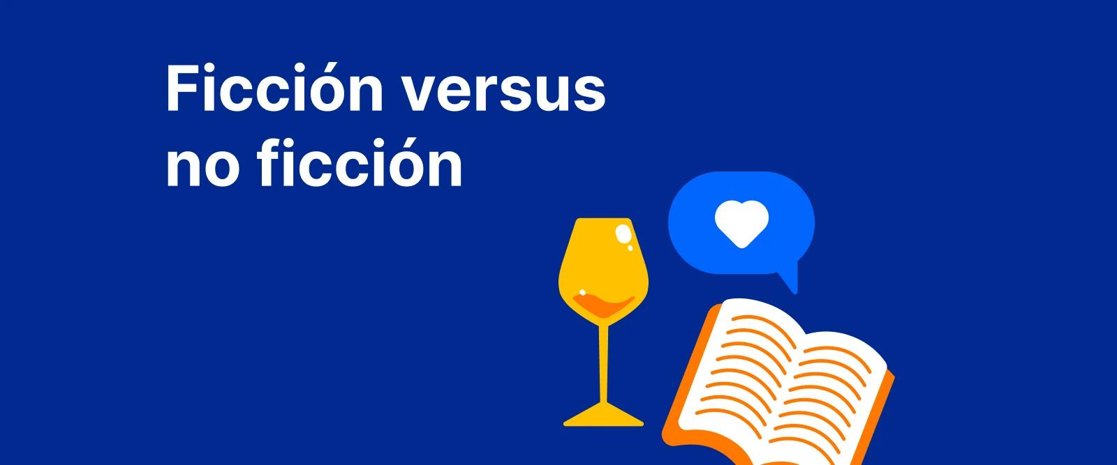 Ilustración de ficción versus no ficción con copa de vino y libro abierto sobre fondo azul