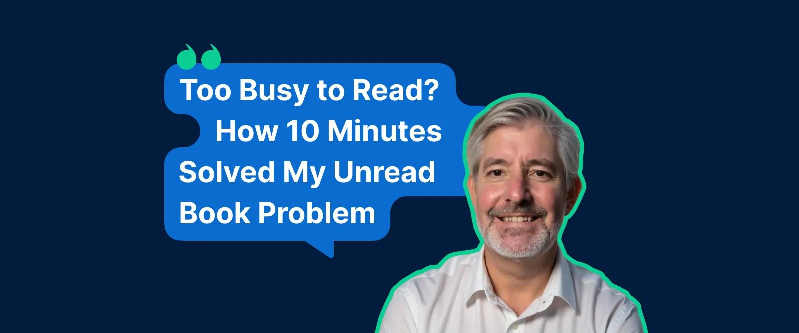 Michael Cupps presenting Headway app benefits on dark blue background with speech bubble about solving book reading problems