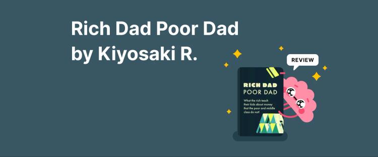Rich Dad Poor Dad by Kiyosaki R book cover with pink brain character, gold coins, and green chart symbols on dark teal background