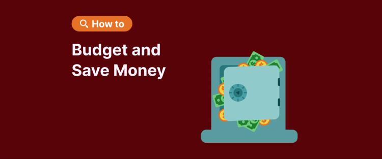 Safe with dollar bills and coins for how to budget and save money on red gradient background