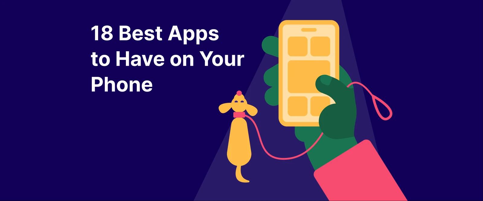 A person walks a dog and holds a smartphone with apps on the hand