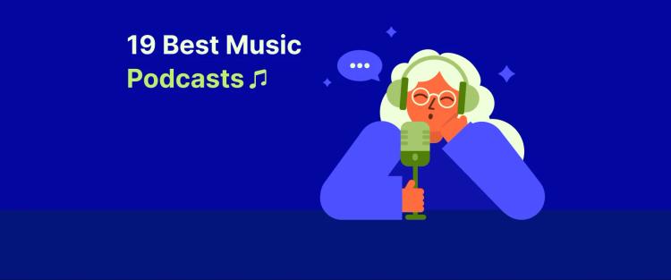 Illustration of a person with headphones and microphone on a dark blue background and music note icons