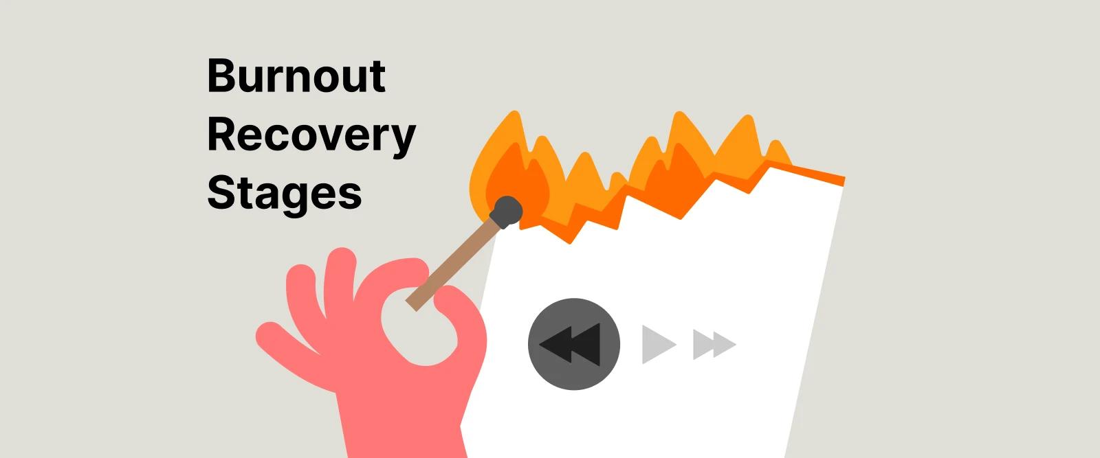 Pink hand pointing at audio waveform with orange flames illustrating burnout recovery stages progression
