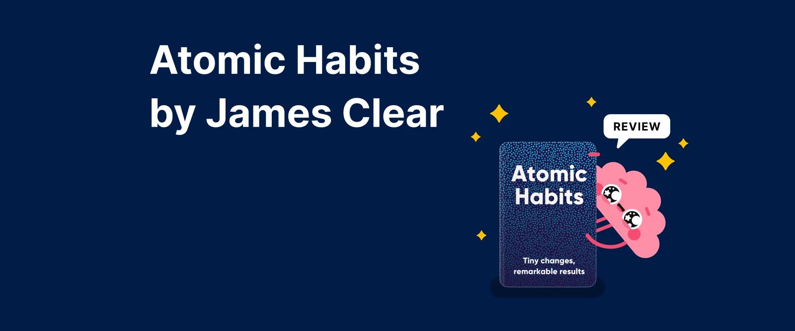 Atomic Habits by James Clear book cover with pink brain character and review label on dark blue grid background