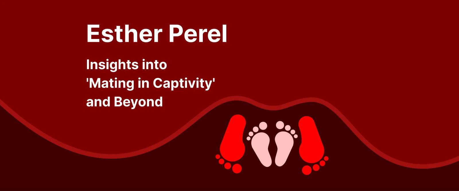 Esther Perel Mating in Captivity book cover graphic with red and pink footprints on deep burgundy background with wavy pattern