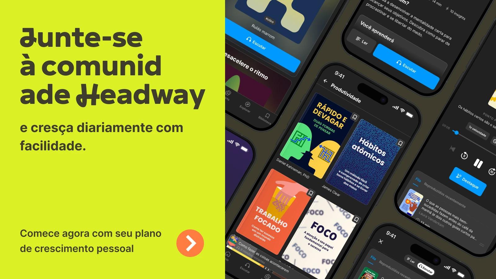 Em smartphones com tema escuro, o aplicativo Headway exibe uma coleção de resumos de livros sobre liderança, incluindo _The Unfair Advantage_ e _Wolfpack_, juntamente com um painel amarelo convidando_