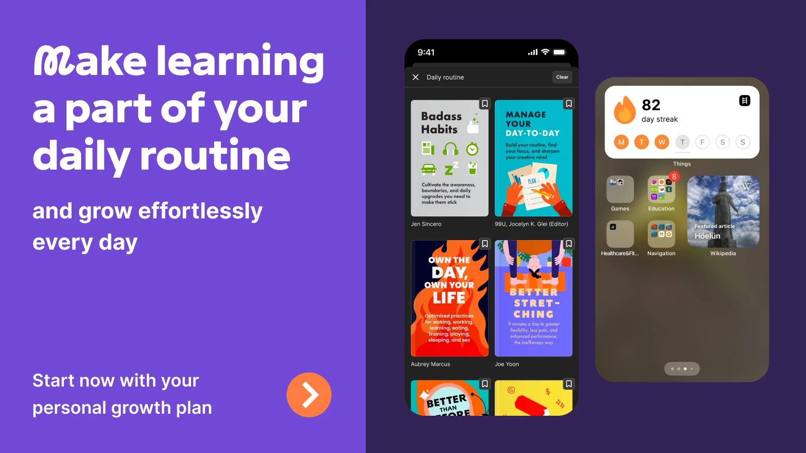 Mobile app screen showing a daily routine book library with titles including Badass Habits, Manage Your Day-to-Day, Own the Day Own Your Life, and Better Stretching, alongside an iOS widget displaying