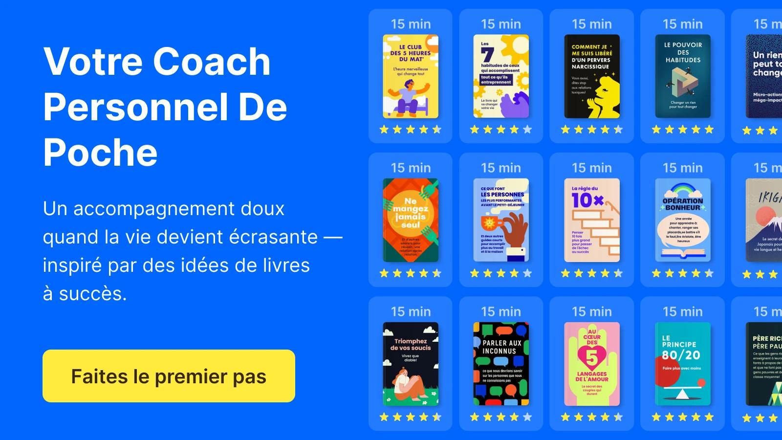 Écran promotionnel de l'application Headway avec fond bleu affichant les résumés des couvertures de livres, les indications de lecture de 15 minutes, les notes par étoiles et un bouton d'appel à l'act