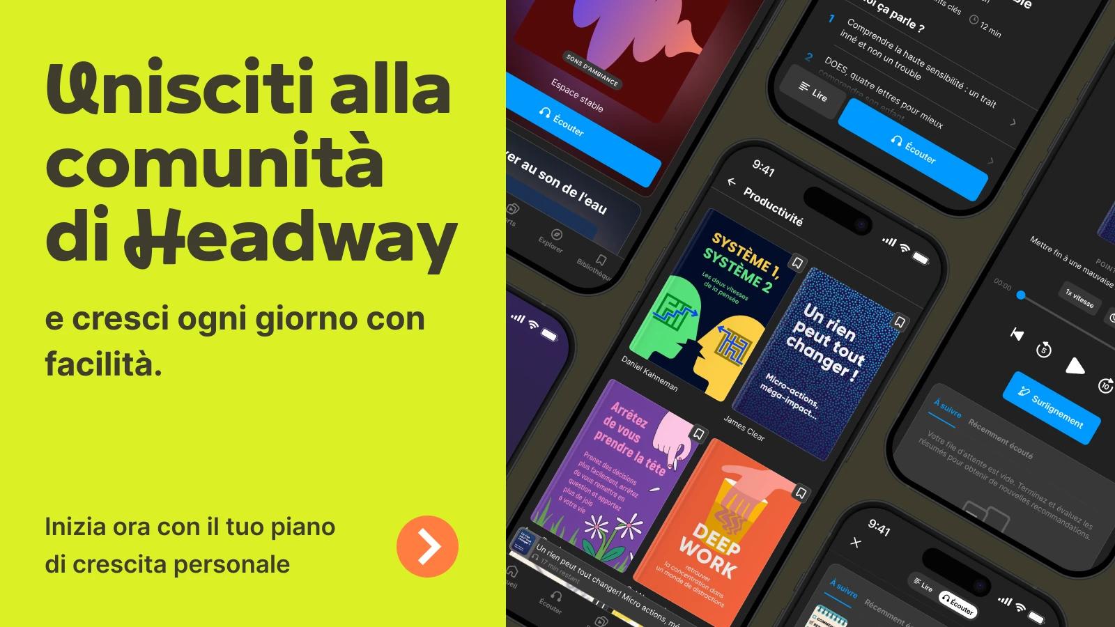 Sur les smartphones à thème sombre, l'application Headway affiche une sélection de résumés de livres sur le leadership, dont « The Unfair Advantage » et « Wolfpack », ainsi qu'un encart jaune invitant