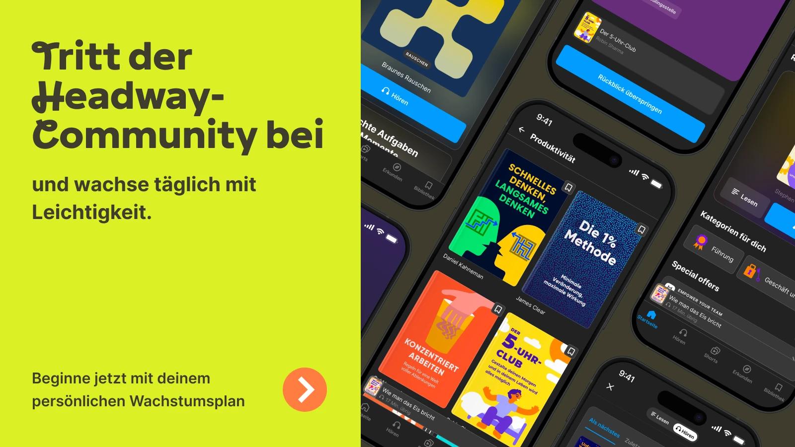 Die Headway-App zeigt auf Smartphones mit dunklem Design eine Sammlung von Zusammenfassungen von Führungsbüchern, darunter „The Unfair Advantage“ und „Wolfpack“, sowie einen gelben Call-to-Action-Bere