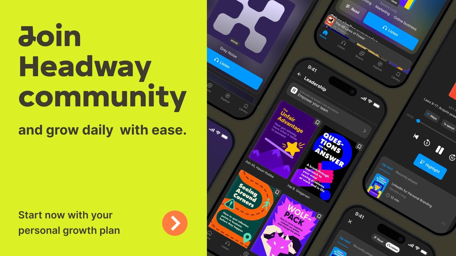 Headway app screens on dark-themed smartphones displaying a Leadership book summary collection including The Unfair Advantage and Wolfpack, alongside a yellow call-to-action panel inviting users to jo