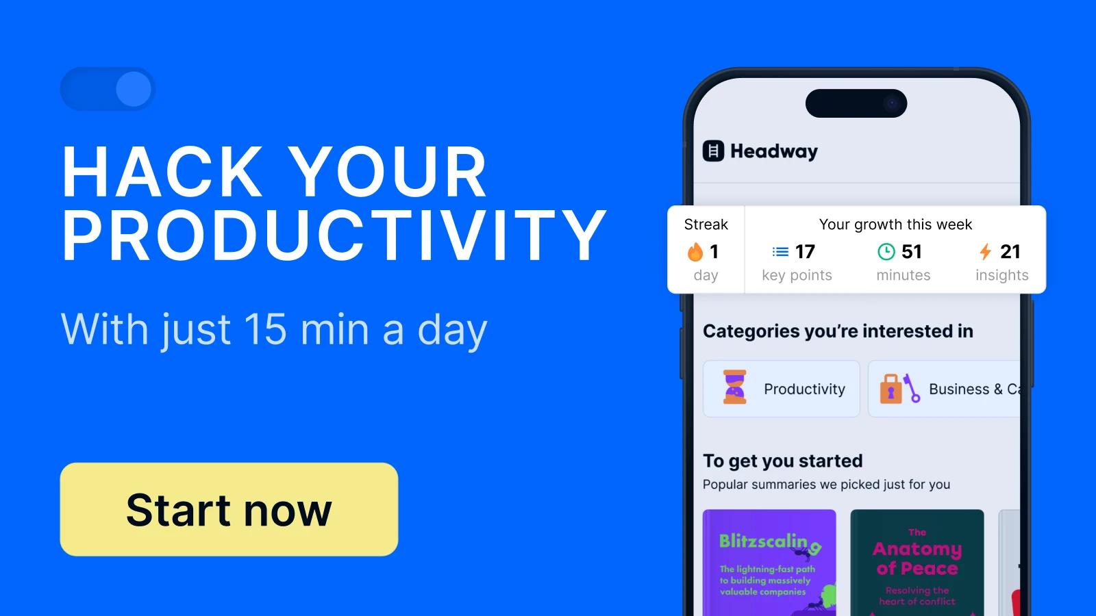 iPhone mockup with Headway app library screen and streak field