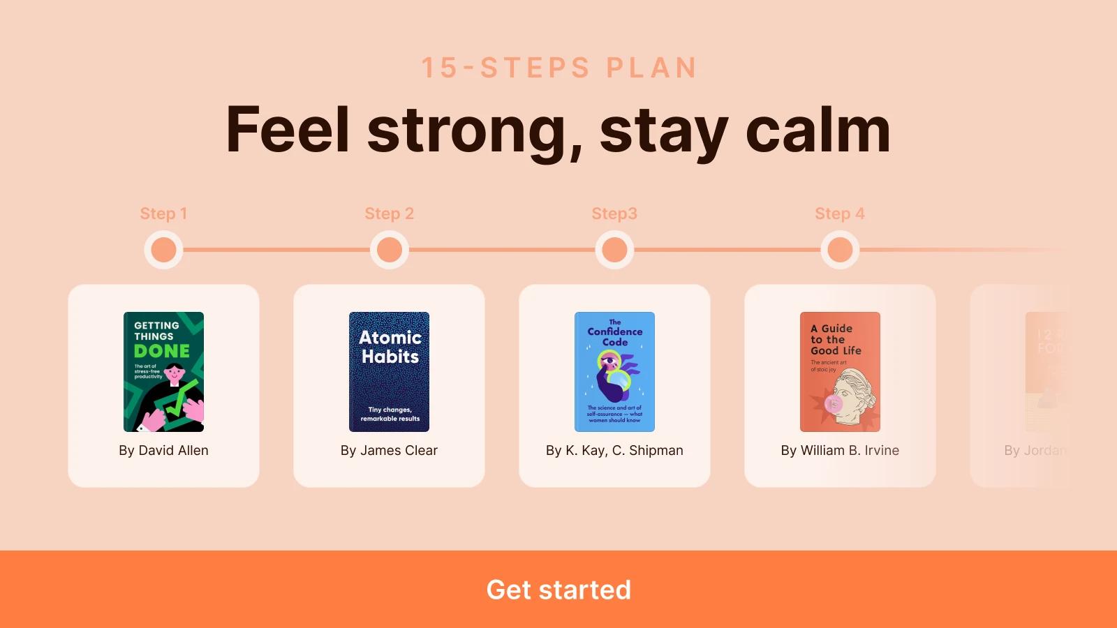 Headway app 15-step plan to feel strong and stay calm featuring Getting Things Done, Atomic Habits, The Confidence Code, and A Guide to the Good Life on beige background