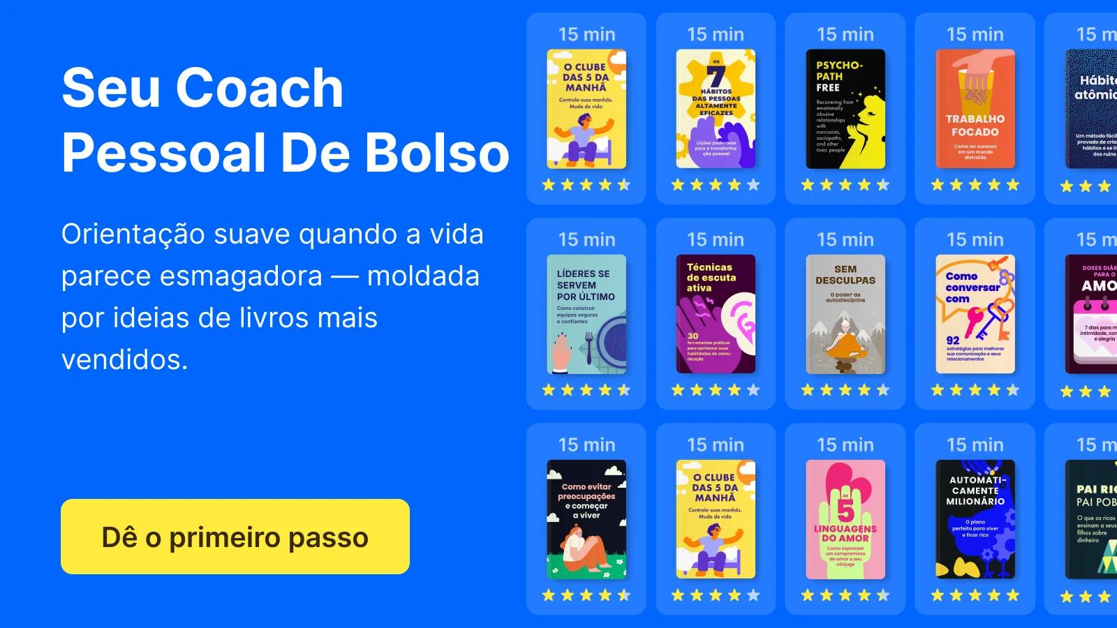Interface do app Headway mostrando capas de livros de desenvolvimento pessoal em um fundo azul com o texto Seu Coach Pessoal de Bolso