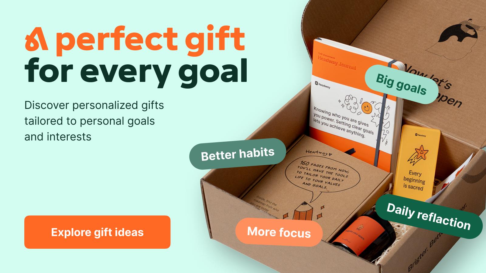 Headway journal gift box with self-development tools, cards and a candle on a mint background, promoting personalized gifts for goals, habits, focus and daily reflection from the Headway app