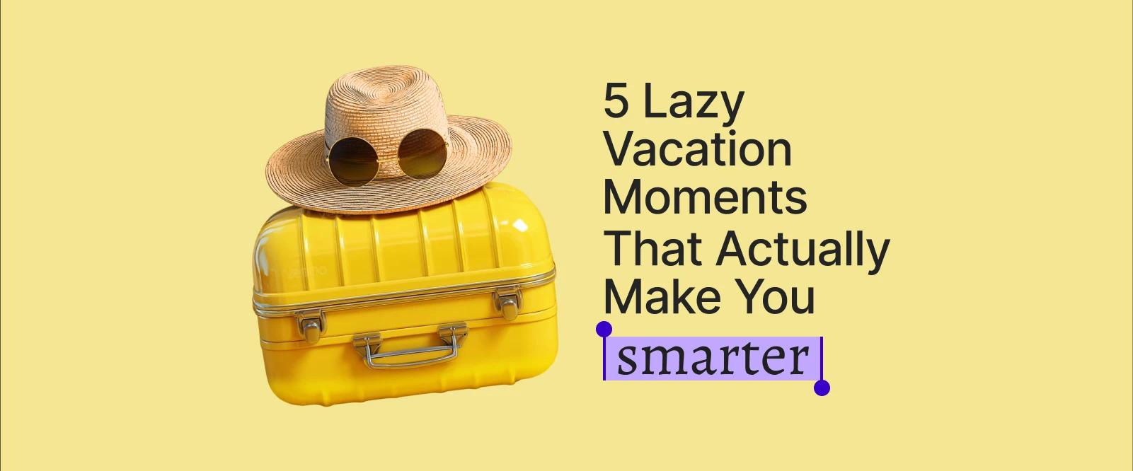 Yellow suitcase with a straw hat and round sunglasses on top, representing travel and leisure for Grow Every Day and microlearning content