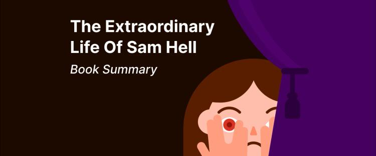 Cartoon child peeking from behind purple curtain with glowing red eyes, symbolizing The Extraordinary Life of Sam Hell book review