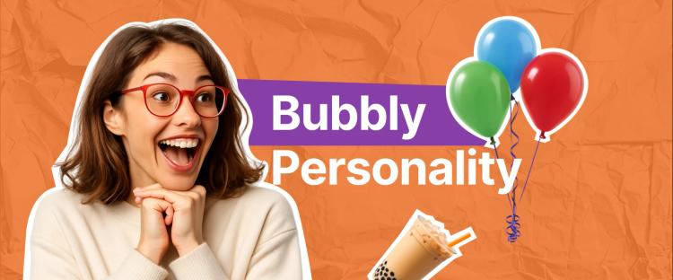 bubbly personality - Smiling woman with red glasses next to floating balloons and a cup of bubble tea